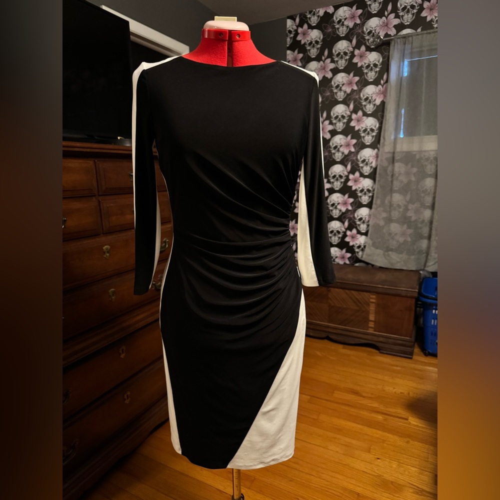 Chic Black and White Ruched Dress